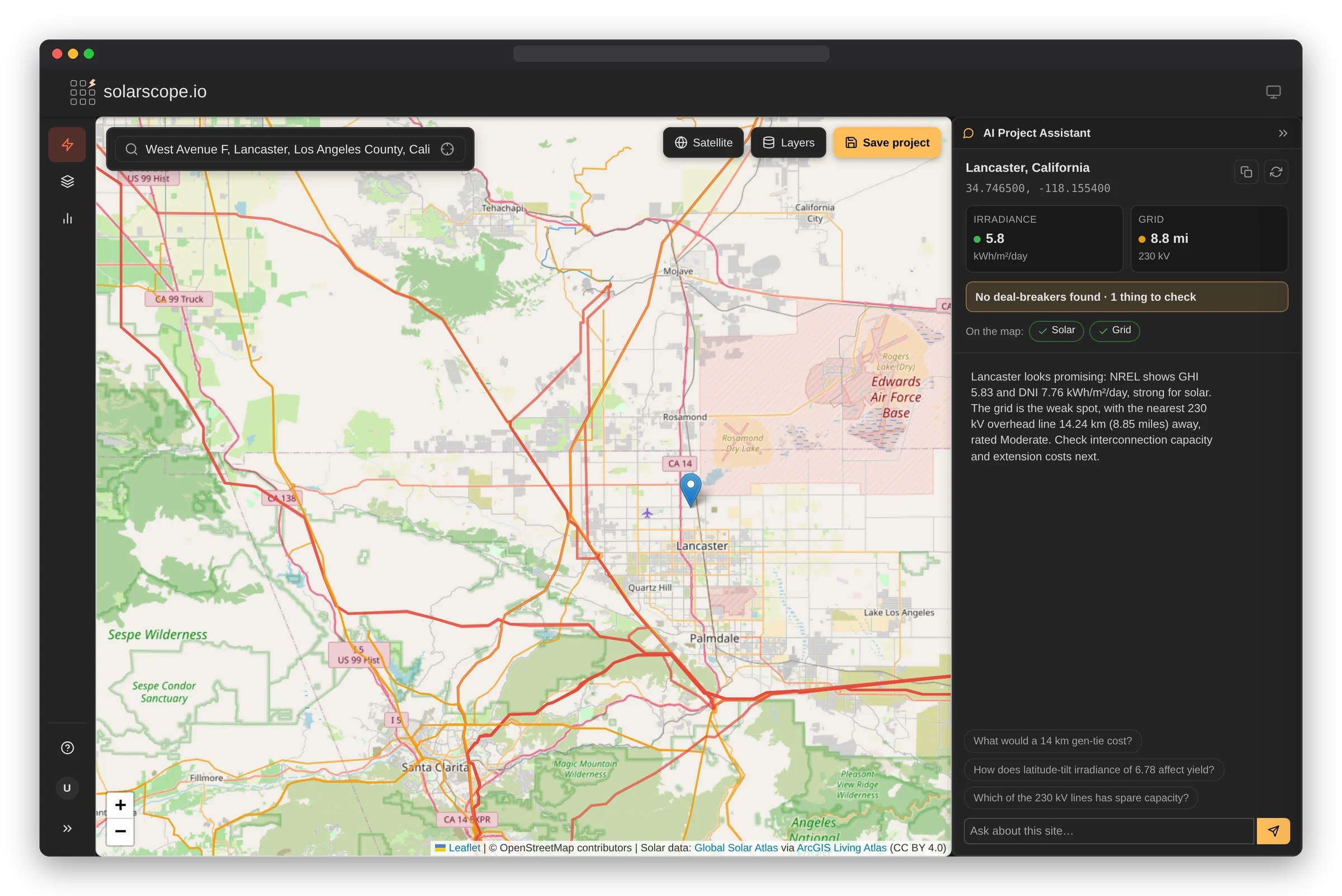 SolarScope Site Studio: a site near Lancaster, California with irradiance, grid distance and an AI first read
