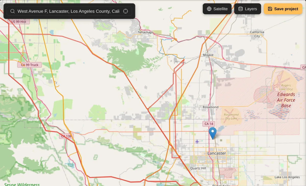 Site Studio search bar and map with a site pinned near Lancaster, California