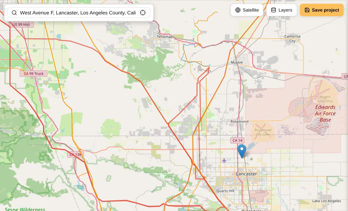 Site Studio search bar and map with a site pinned near Lancaster, California