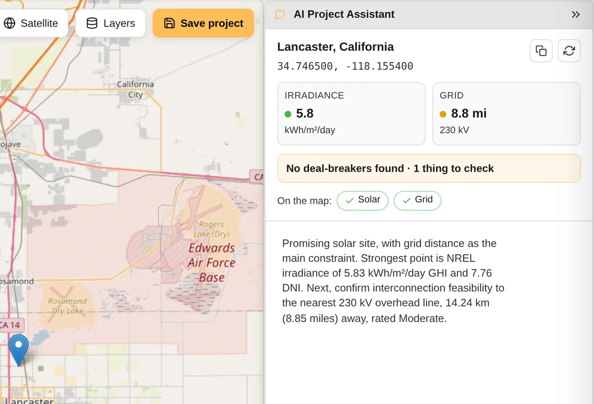 Site summary with irradiance, grid distance, a verdict and the AI first read
