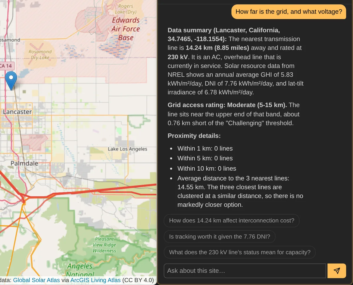 The AI answering how far the grid is and what voltage it carries
