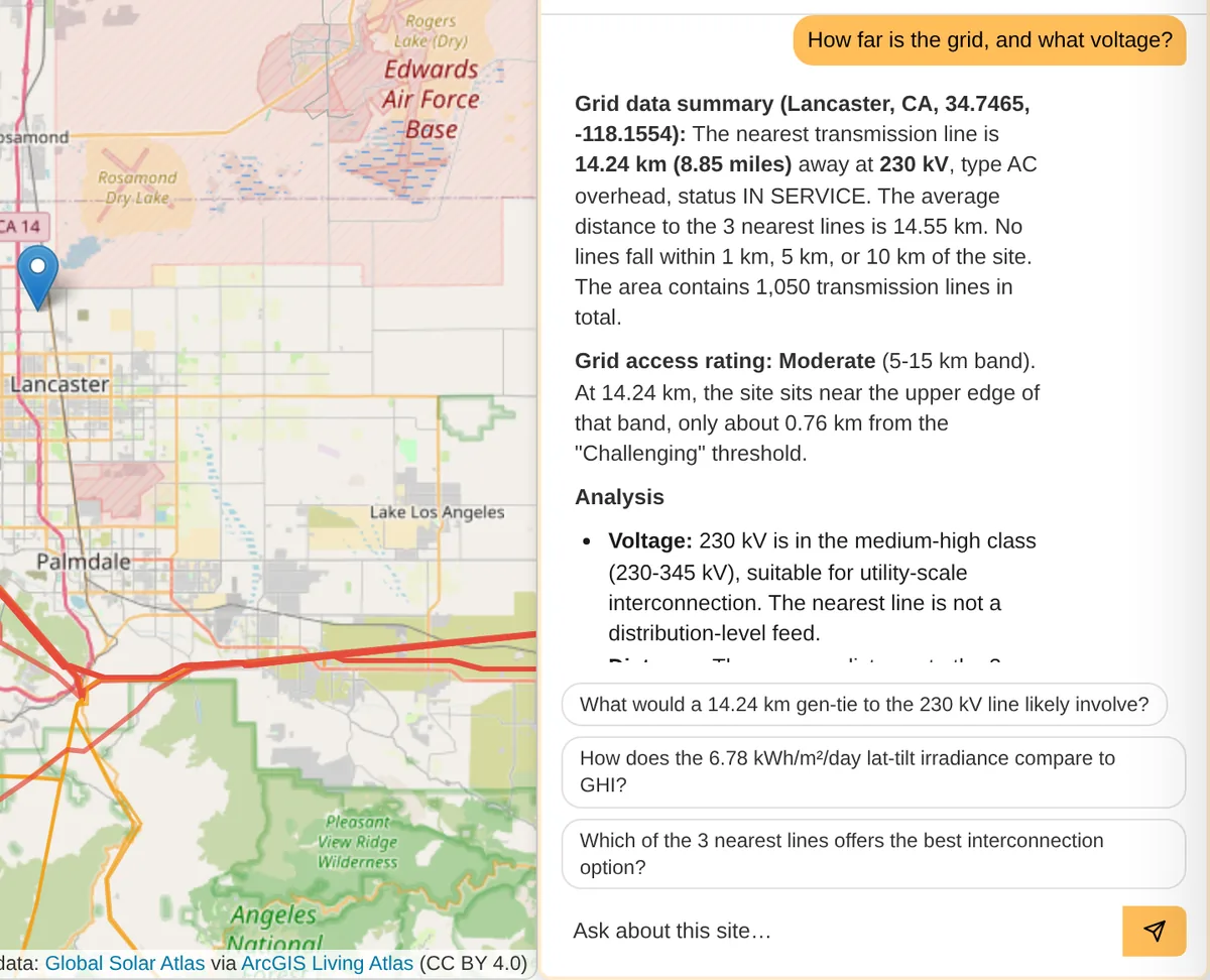 The AI answering how far the grid is and what voltage it carries